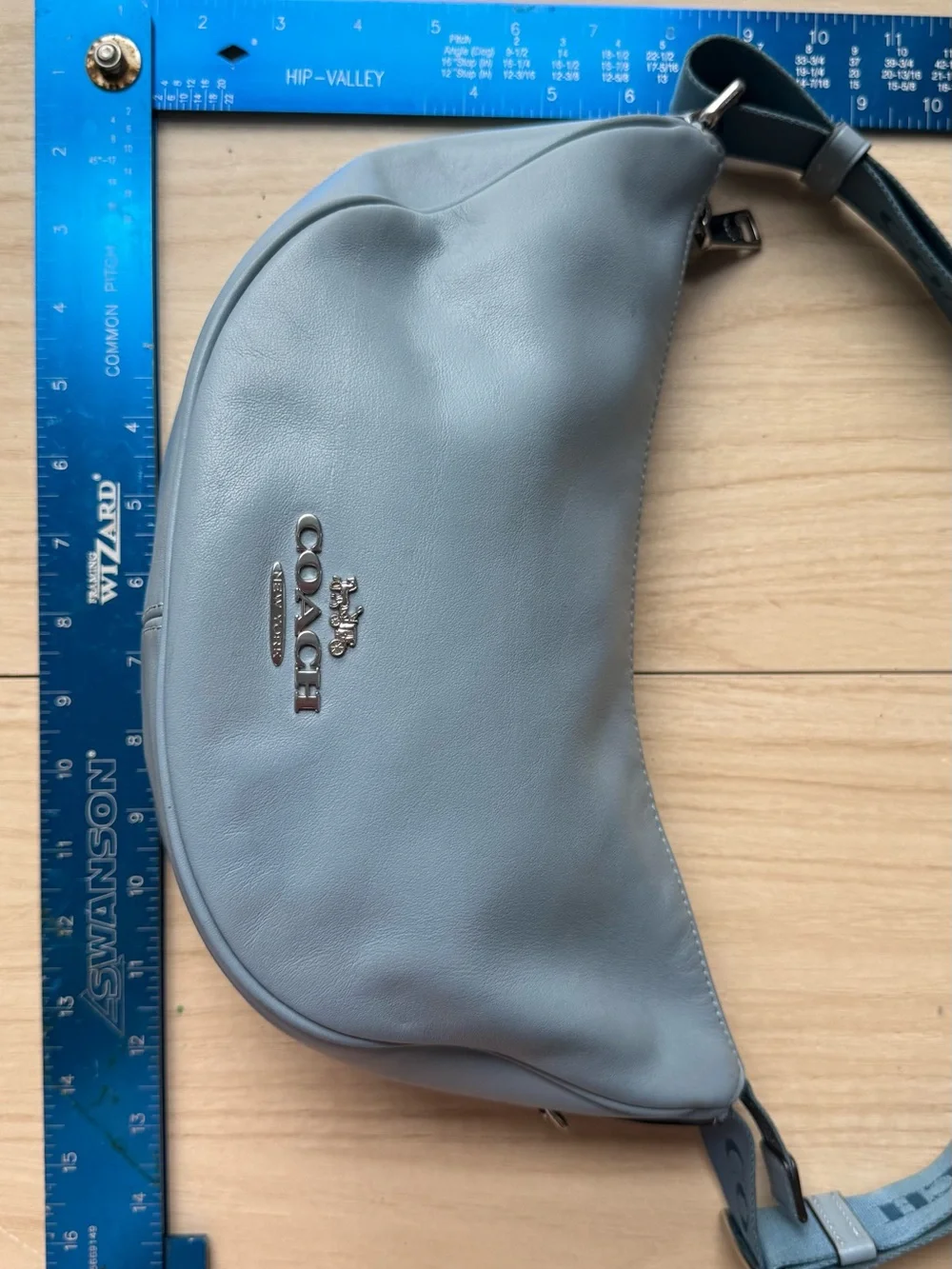 Coach Light Blue Leather Crescent Crossbody with Logo Strap